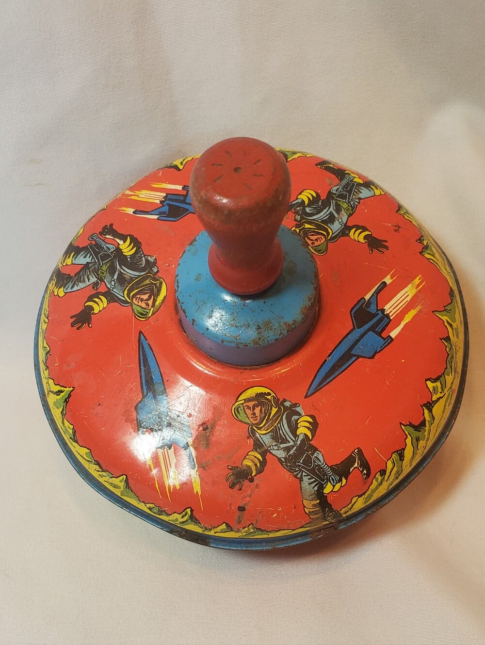 Spinning Top Toy Vtg 1960's Metal Wood Knob Spaceship Rockets Astronauts